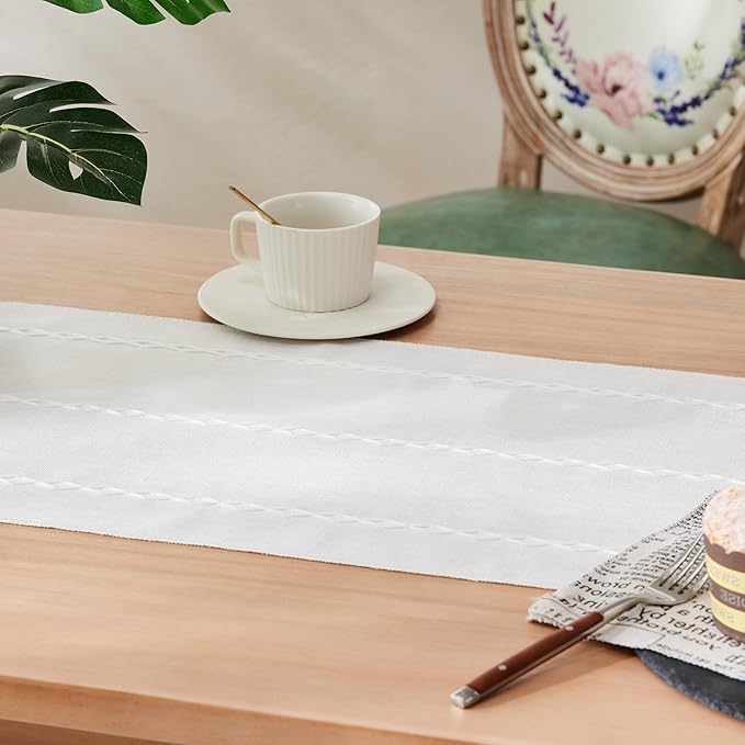 Braided Farmhouse Table Runner, Braided White 13x72 Inch, Cotton Linen Table Runners 72 Inches Long, Embroidered Striped White Boho Table Runner Rustic Home Decor