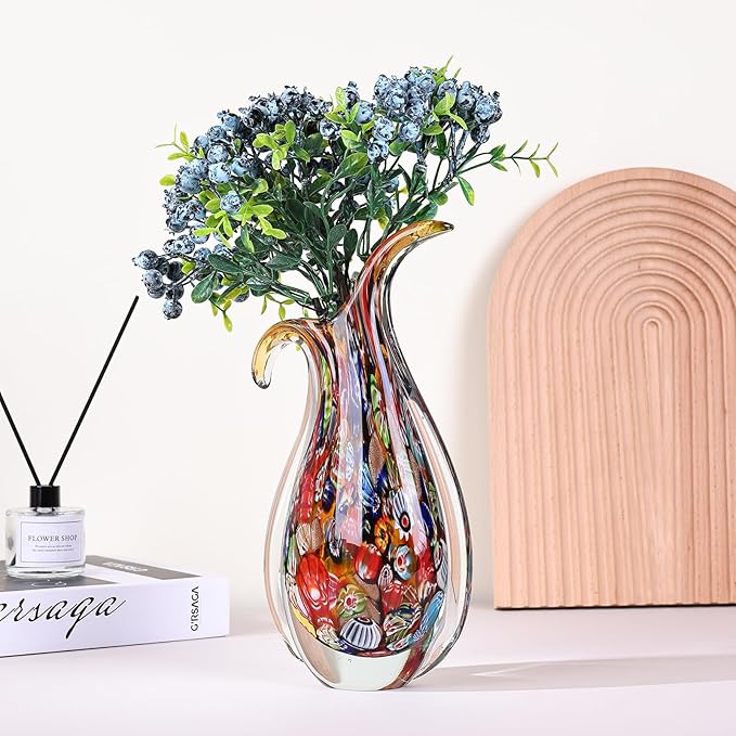 Hand Blown Glass Vase for Centerpiece, Murano Style Table Decoration, Red Blown Art Glass Ellipse Flower Vase, Single Stem Beautiful Decor for Home, Beachy Room Decor for Home Shelf