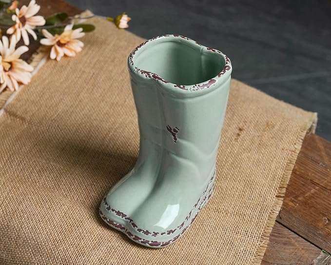 Quoowiit Ceramic Rustic Farmhouse Boot Vase, Green Distressed Flower Vase for Home Decor, Decorative Vases for Centerpiece Table Decorations, Vases for Living Room Kitchen Entryway Mantle Shelf Decor