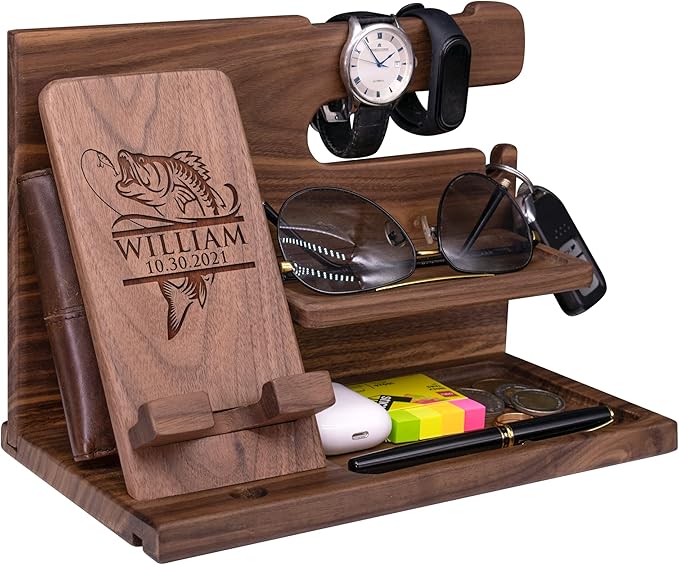 Phone Docking Station For Fisherman - Handmade Unique Nightstand Organizer For His Accessories - Personalized Gift Ideas for Dad, Grandpa, Husband, Boyfriend on Father's Day, Birthday, Anniversary