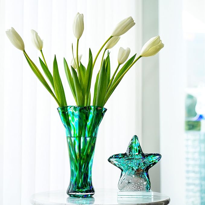 Green Blown Glass Vase for Flowers, 9.6" Teal Vase for Home Decor, Modern Art Flower Vases Decorative Table Centerpiece, Wedding, Living Room, Bookshelf, Entryway, Gift for Women Mom