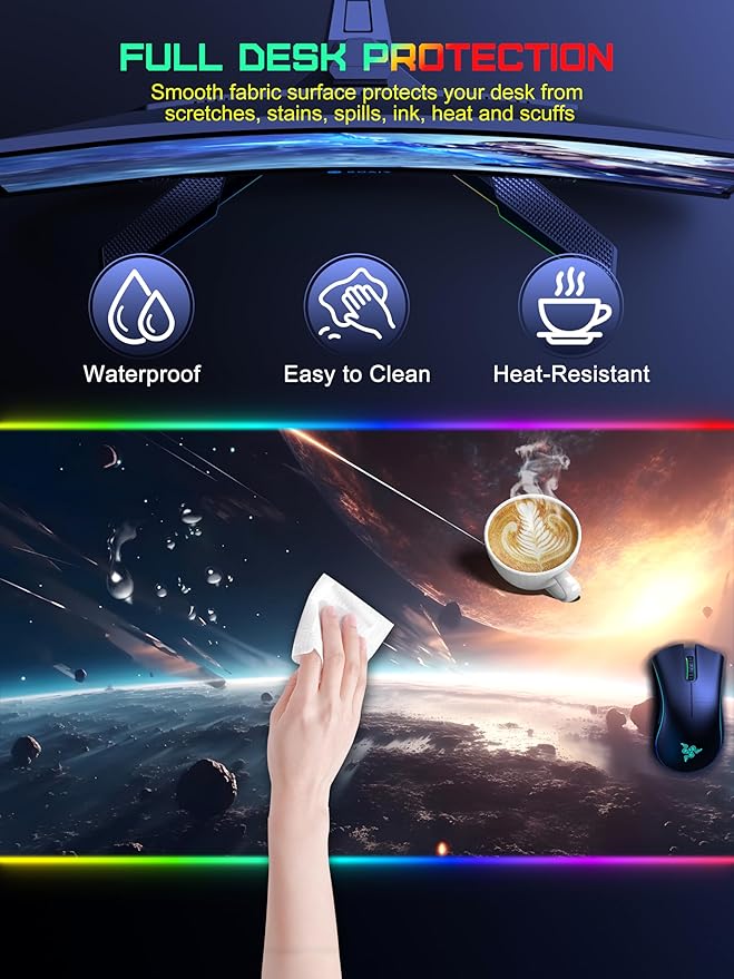 TopMade Wireless Charging Mouse Pad, RGB Gaming Mousepad, 35.4" x 15.8" Extra Large Waterproof Keyboard Desk Pad, Computer Desk Mat, Cosmic Planet (Includes 20W PD Power Adapter & 6.56ft Woven Cable)