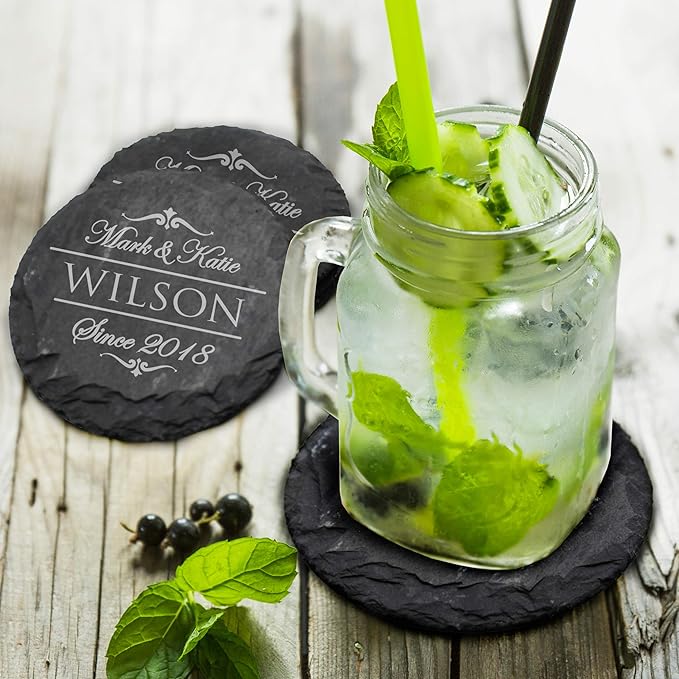 My Personal Memories Custom Engraved Slate Coasters Set of 4 - Monogrammed Coasters for Drinks, Weddings, Couples, Anniversaries - Personalized (Round)