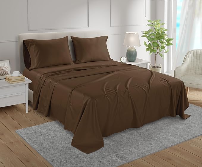 800 Thread Count Egyptian Cotton Sheets Queen Sheet Set Deep Pocket,100% Cotton Bed Sheets Queen Size Set, No Pill Soft & Comfy Naturally Cool Breathable Elasticated Sheet & Pillowcase Sets- Chocolate
