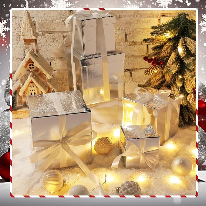 Cholemy 5 Pcs Square Nesting Boxes Decorative Gift Boxes with Lid and Ribbon Assorted Sizes Wrap for Wedding, Thanksgiving, Christmas, Anniversary, Birthday, Bridal Party(Silver)