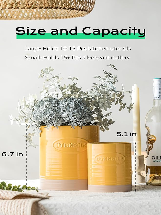 YHOSSEUN Kitchen Utensil Holder Set of 2, Ceramic Utensil Holder for Kitchen Counter, 6.7"+5.1" Cooking Utensil Crocks for Spatula, Oval Opening, Yellow