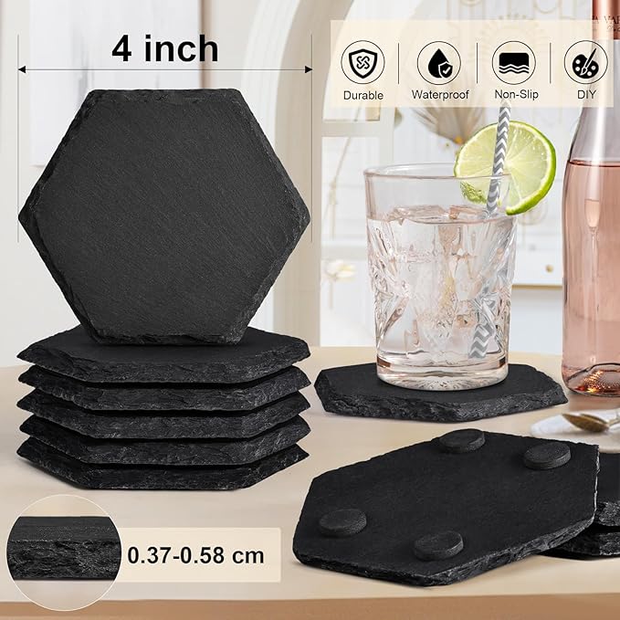 36 Pieces Slate Coasters Bulk, 4 Inch Hexagonal Blank Black Stone Coaster for Drinks Natural Handmade Hexagon Rock for Laser Engraving, Gifts, Engraver, Wedding, Christmas, Home Decor