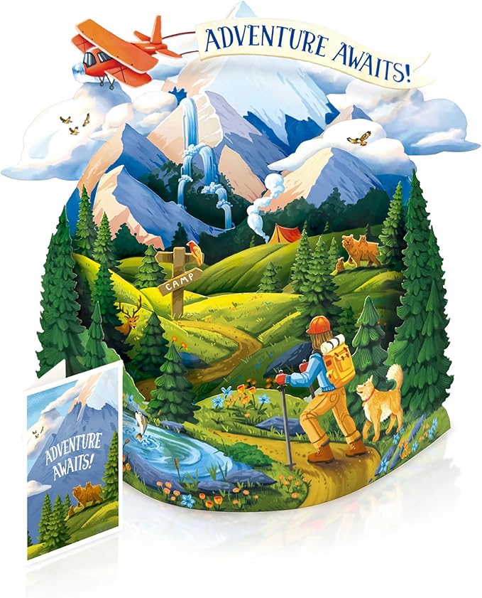 Freshcut Paper Pop Up Cards, Adventure Awaits, 12 Inch Life Sized 3D Popup Greeting Card, Birthday Cards, Graduation Card, Travel Themed Retirement, Baby Shower, Blank Notecard & Envelope