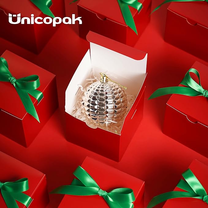 UnicoPak 50 Pack 4x4x4 Christmas Red Gift Boxes - Holiday Boxes With Lids for Presents, Ornaments, Candles, Mugs, Crafting - for Christmas Birthday, Party