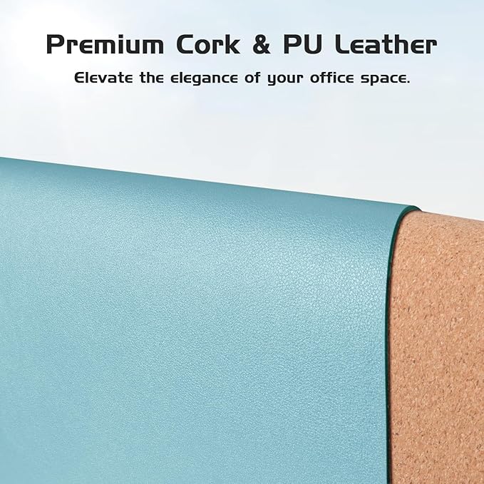 Aothia Double-Sided Desk Pad – 25.6"x13.7" Large Mouse Pad, Leather Desk Mat with Eco Cork Protector, Waterproof Desk Blotter for Office/Home (Blue Topaz)