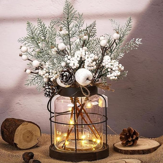 Rustic Vintage Glass Farmhouse Vase with LED Lights, Christmas Home Decor for Winter with White Berry & Pine Cones, Farmhouse Vase for Decor, Home Decor Floral Arrangement Gift