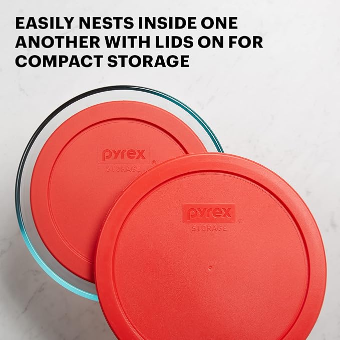 Pyrex Simply Store 3-Pack (1, 2 & 4 Cup) Small Round Glass Food Storage Containers Set, Snug Fit Non-Toxic Plastic BPA-Free Lids, Freezer Dishwasher Microwave Safe