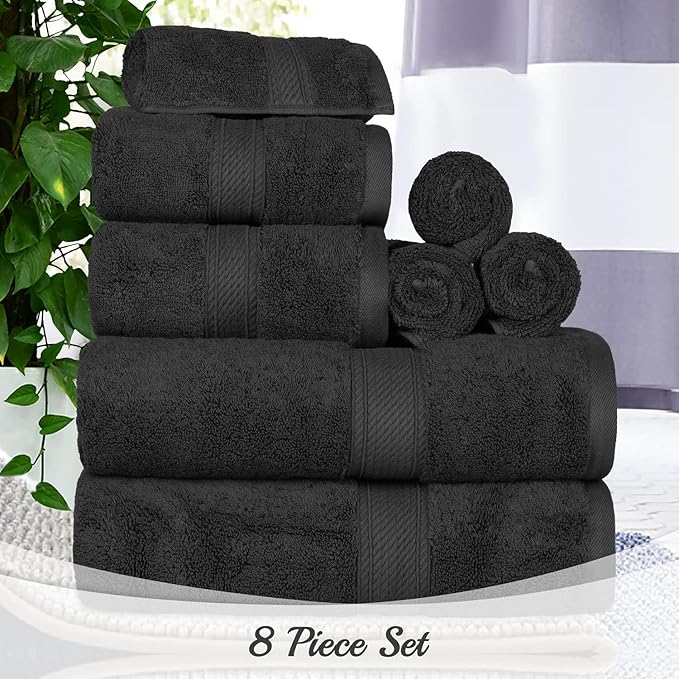 BLUENILEMILLS Madison Egyptian Cotton Towels, Towel Set for Bathroom, Shower, Hotel, Plush, 900 GSM, Highly Absorbent and Ultra-Soft Towels, Bath Essentials, 8 Piece Assorted Towel Set, Black