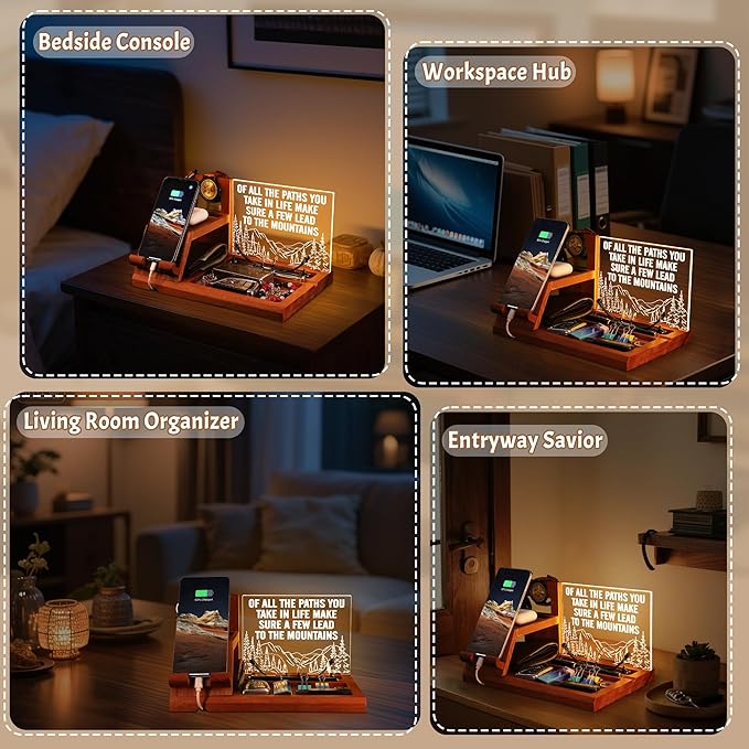 Attivolife LED Phone Dock Gift for Men with Night Light - Desk Organizer & Charging Station for Phone, Keys, Wallet, Watch - Best Father's Day Birthday Anniversary for Him, Husband, Boyfriend