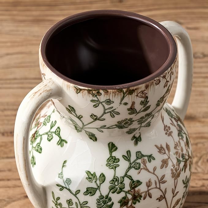 Green and Beige Farmhouse Vintage Vase with 2 Handles, Chinoiserie Floral Vase, Rustic Ceramic Vases for Home Decor, Wedding, Living Room, Table, Shelf Decor - 8.3 Inch Tall