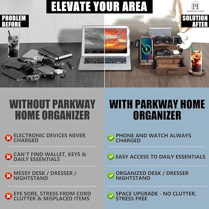 Wood Phone Docking Station with Drawer, Compatible with Apple Watch - Wood Charging Station Organizer Stand, Bedside Nightstand Organizer for Men, Holds Phone, Tablet, Keys, Glasses, EDC