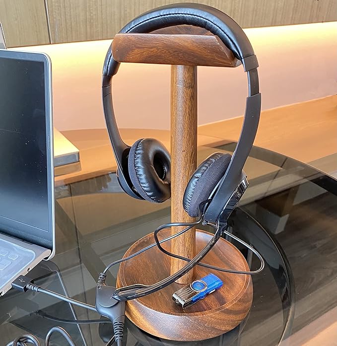 Wooden Headphone Stand with Tray – Solid Acacia Headset Holder for Desk Organization, Universal Fit for Sony, Bose, Beats, Gaming Headsets & Controllers