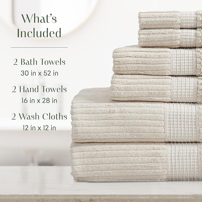Springtree Home 100% Cotton Bath Towel Set | 6 Piece Set | Absorbent & Quick-Dry Towels | Textured and Durable Cotton | Krista Collection - Beige