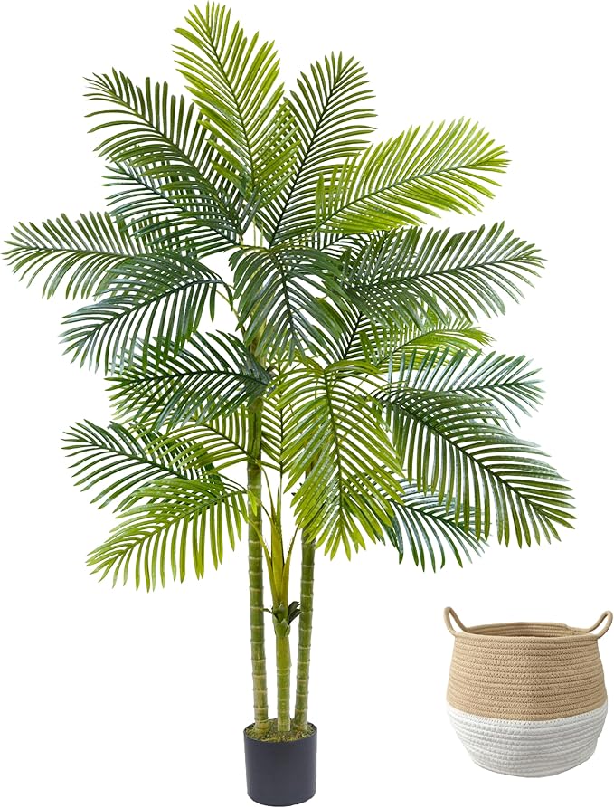 Artificial Palm Tree, 7ft Fake Areca Palm Plant with Basket, Large Faux Phoenix Palm UV Resistant Plants for Indoor Outdoor Home Garden Patio Office Décor