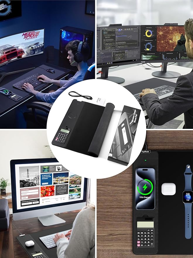 TopMade Mouse Pad with 15W Wireless Charging & Removable 8-Digit Solar Calculator, 31.5" x 15.75" XXL Large Desk Pad, Gaming Computer Keyboard Pad, Waterproof Mousepad Home Office Desk Mat, Black