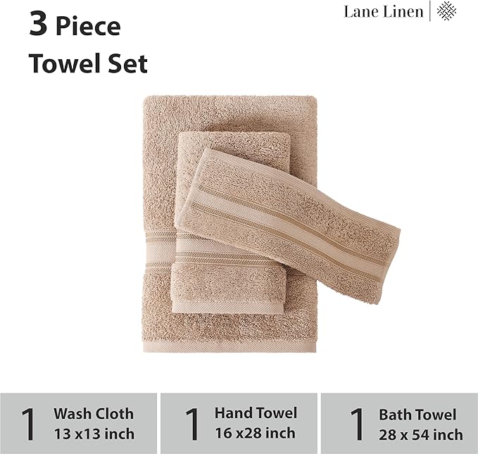 LANE LINEN Luxury Bath Towels Set - 3 Piece 100% Cotton Bathroom Zero Twist Shower Extra Aborbent Towel Super Soft 1 Hand Wash Cloths Taupe