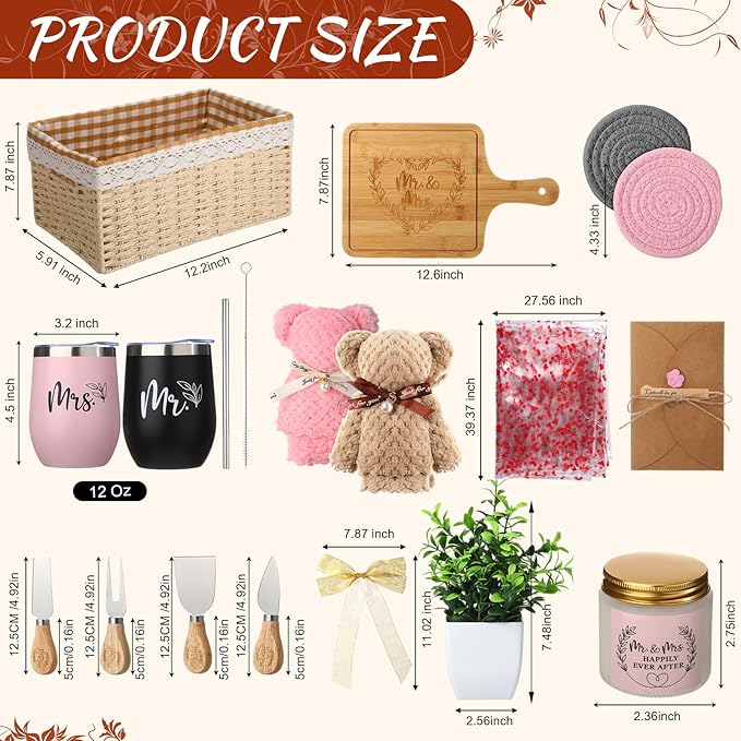 Wedding Gifts Basket for Couples, 21 Pieces Mr and Mrs Gifts for Wedding Party Bride Shower Women Men Housewarming Closing Gift Ideas