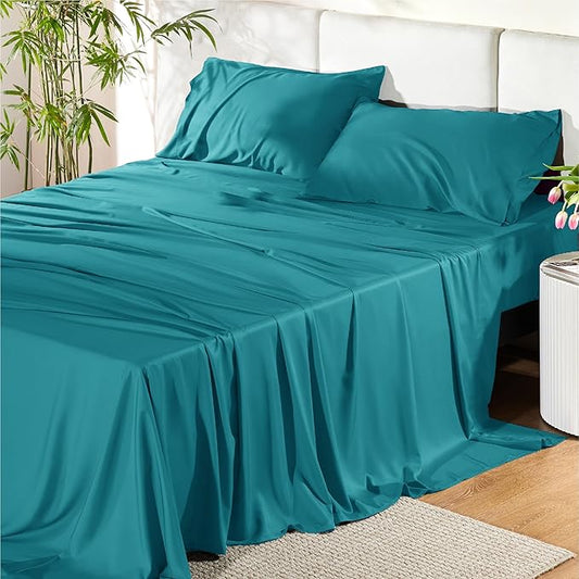 Bedsure Full Size Bed Sheets, Cooling Sheets, Rayon Derived from Bamboo, Breathable & Soft, Deep Pocket Up to 16 Inches, Hotel Luxury Silky Bedding for Hot Sleepers, Turquoise