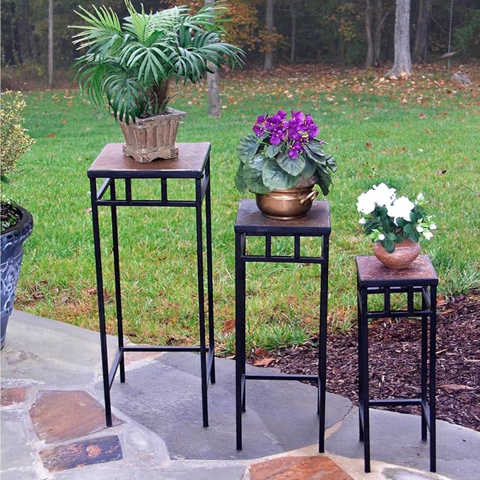 Zhongma Set of 3 Metal Plant Stand with Slate Top Square Flower Shelf without Installation Required