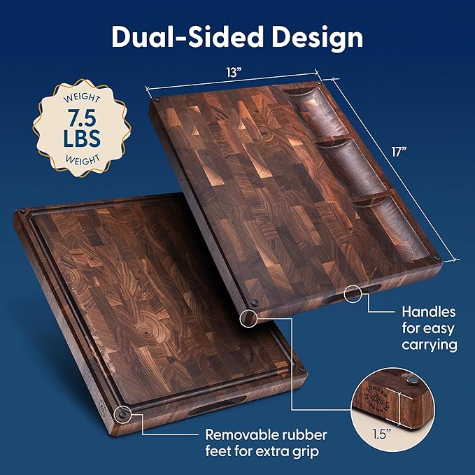 Sonder Los Angeles Alfred Cutting Board Made in USA | Black Walnut End Grain Cutting Board with Non-Slip Feet, Juice Groove, Sorting Compartments | Gift Box Included | 17x13x1.5 in