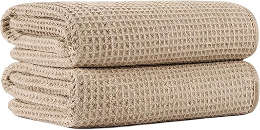 New Microfiber Waffle Bath Towels, 2 Pieces, Oversized, Soft, Absorbent, Fast Drying, Lint Free (Beige)