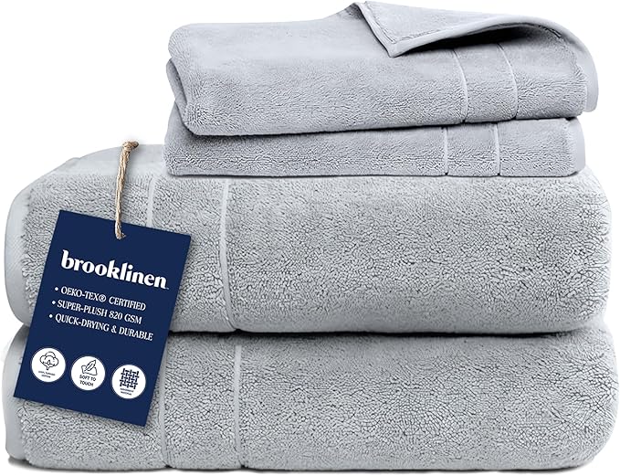 Brooklinen Super-Plush Turkish Cotton Bath Towel Set - Set of 2 Bath Towels + 2 Hand Towels Cotton, 820 GSM, Highly Absorbent, Machine Washable, Perfect for Home & Bathroom (Smoke Grey)