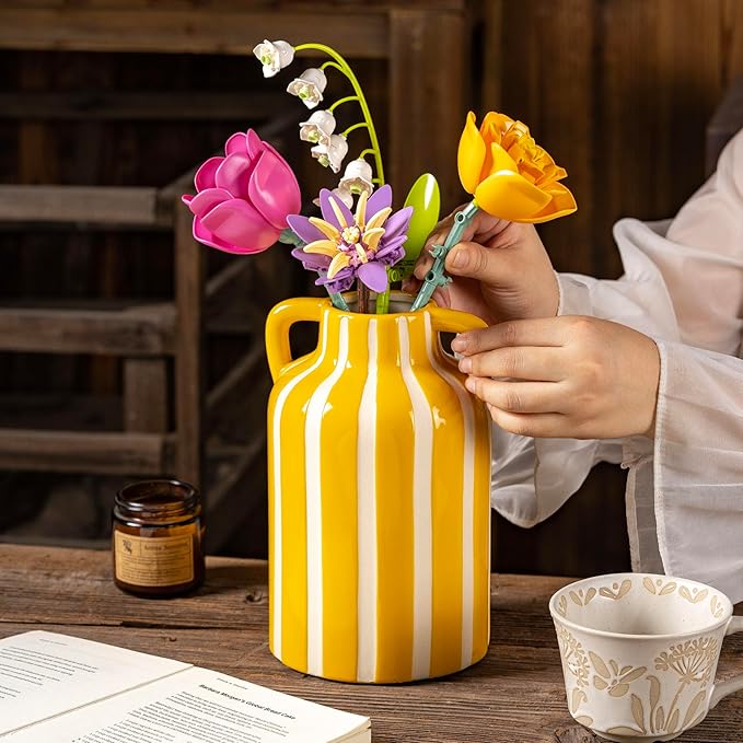 Yellow and White Ceramic Vase with Handles, Stripes Floral Vase for Home Decor, Flowers Kitchen Bookshelf Mantle, Living Room Coastal Decor, Rustic Table Centerpiece, Cottage Core Decor 9.1 in