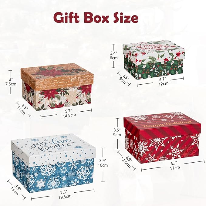 Rectangle Gift Boxes with Lids 4PCS Christmas Gift Box for Presents Nesting Assorted Sizes Present Boxes for Christmas Birthday Valentines Party Gift Wrap