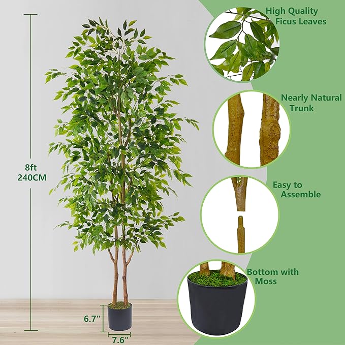 8ft Artificial Ficus Tree, 96” Realistic Ficus Leaves Large Fake Plant with Basket, Indoor Outdoor Potted Faux Tree for Home Garden Office House Livingroom Décor