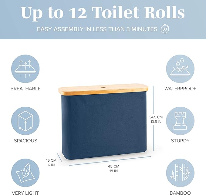 LONBET Toilet Paper Storage for 12 Rolls, Stackable & Foldable - The Ultimate Bathroom Organizer - Waterproof Basket with Bamboo Lid - Elegant Toilet Paper Storage Holder, Blue