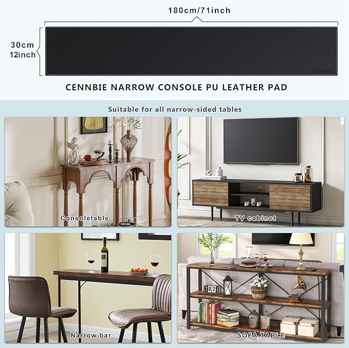 CENNBIE Console Table Leather Cover - 70.8 x 11.8 Inches Sofa Table Narrow Long Mat - TV/Media/Gaming/Center Console Table Protector Pad for Narrow Side Table, Sideboard, Entryway Table (Black)
