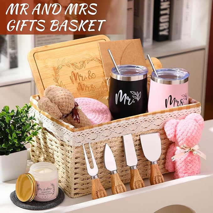 Wedding Gifts Basket for Couples, 21 Pieces Mr and Mrs Gifts for Wedding Party Bride Shower Women Men Housewarming Closing Gift Ideas