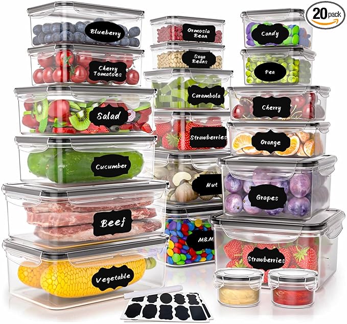 40 PCS Plastic Food Storage Containers with Lids Airtight, BPA-Free Leakproof Meal Prep Containers Reusable,Microwave & Dishwasher & Freezer Safe,Includes Labels & Pen