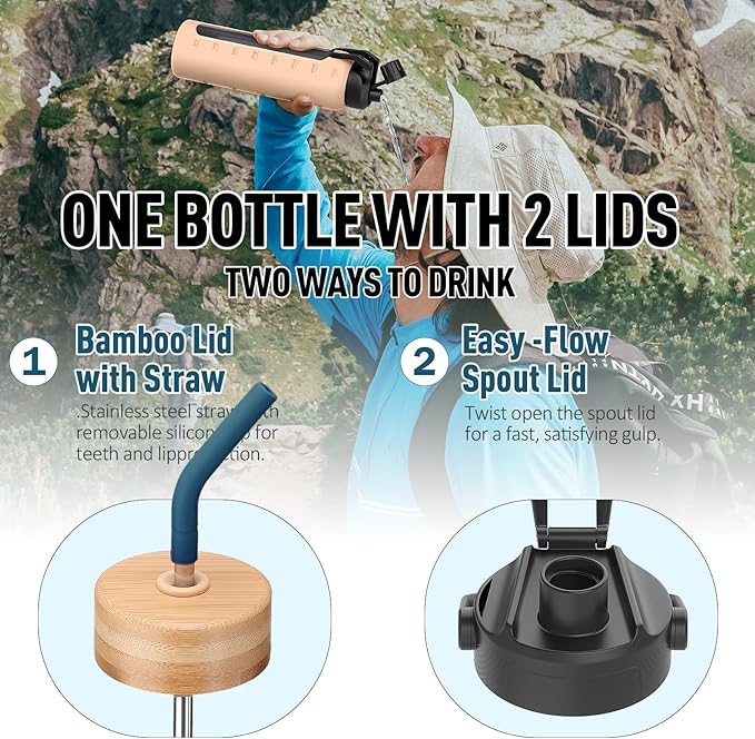 24oz Glass Water Bottle with Straw and 2 Lids-Bamboo and Spout Lid, Borosilicate Glass Water Bottle with Silicone Sleeve and Time Marker,BPA Free & Cupholder Friendly,Dark Blue