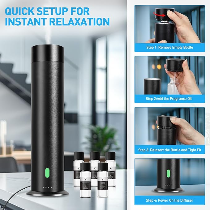 Waterless Scent Diffuser Starter Kit - 1000 Sq Ft Coverage, Hotel Scent Diffuser, Essential Oil Diffuser Large Room, Included 5 Scent Oils, Remote Control, Black, 11.30In
