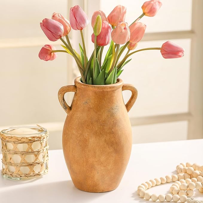 Ceramic Rustic Vase, Christmas Flower Vase with Handle, 9 inch Farmhouse Pottery Flower Vase for Home Decor, Living Room Shelf Decor, Enterway, Table