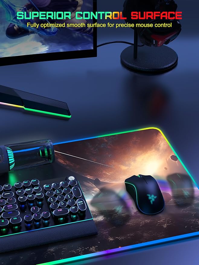 TopMade Wireless Charging Mouse Pad, RGB Gaming Mousepad, 35.4" x 15.8" Extra Large Waterproof Keyboard Desk Pad, Computer Desk Mat, Cosmic Planet (Includes 20W PD Power Adapter & 6.56ft Woven Cable)