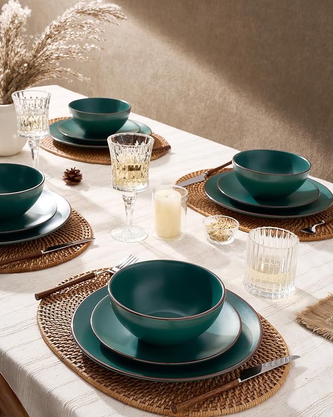 Famiware Venus Plates and Bowls Sets, 12 Pieces Stoneware Speckled Dinnerware Sets, Dishes Set for 4, Microwave and Dishwasher Safe, Matte Dark Green