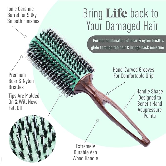 MINT Eco-Friendly Boar Bristle Round Brush for Blow Drying | Durable Blowout Styling for All Hair Types | Ceramic Round Brush with Hand-Crafted Wooden Handle (40 mm)