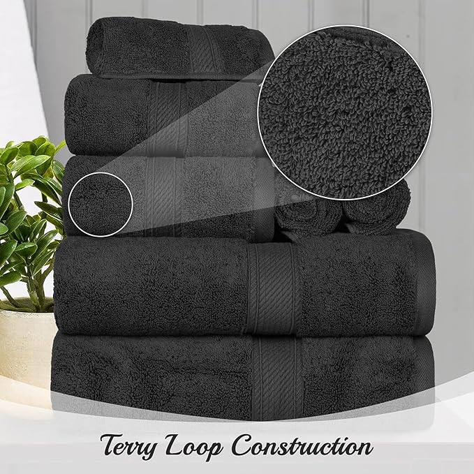 BLUENILEMILLS Madison Egyptian Cotton Towels, Towel Set for Bathroom, Shower, Hotel, Plush, 900 GSM, Highly Absorbent and Ultra-Soft Towels, Bath Essentials, 8 Piece Assorted Towel Set, Black