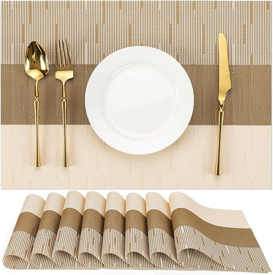 Placemats Set of 8, Vinyl Woven Place Mats Indoor Set of 8 Washable Wipeable PVC Table Mats Heat-Resistant Non Slip Placemat for Kitchen Dining Outdoor Table (Beige Light Brown, Set of 8)