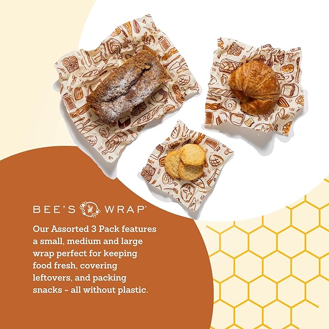 Bee's Wrap Beeswax Wraps for Food - Made in USA Reusable & Organic Food Wraps, Sandwich Wrap & Bowl Covers - Eco-Friendly Alternative to Aluminum Foil & Plastic Wrap, Bakery Lane 3 Pack (S, M, L)
