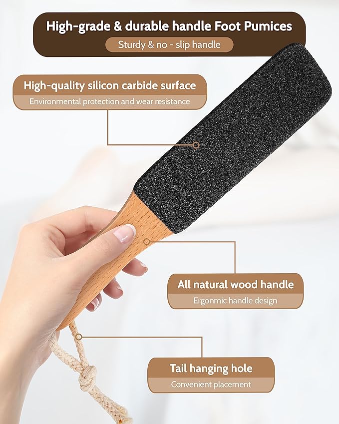 Pumice Stone Foot File, 4pcs Set Callus Remover for Feet with Wooden Handle, Pedicure Foot Scrubber to Remove Dead Skin, Dry, Rough, Corns Skin Scraper