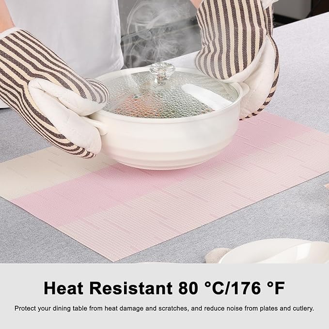 Placemats Set of 6, Vinyl Woven Place Mats Indoor Set of 6 Washable Wipeable PVC Table Mats Heat-Resistant Non Slip Plastic Placemat for Kitchen Dining Outdoor Table (Beige Pink, Set of 6)