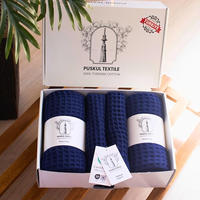 PÜSKÜL - Premium Waffle Towel Set 4 Pieces Navy Blue - Organic 100% Turkish Cotton Quick-Dry Towels for Bathroom Made in Turkiye (Navy Blue, Towel Set - 2 Hand & 2 Bath Towels)